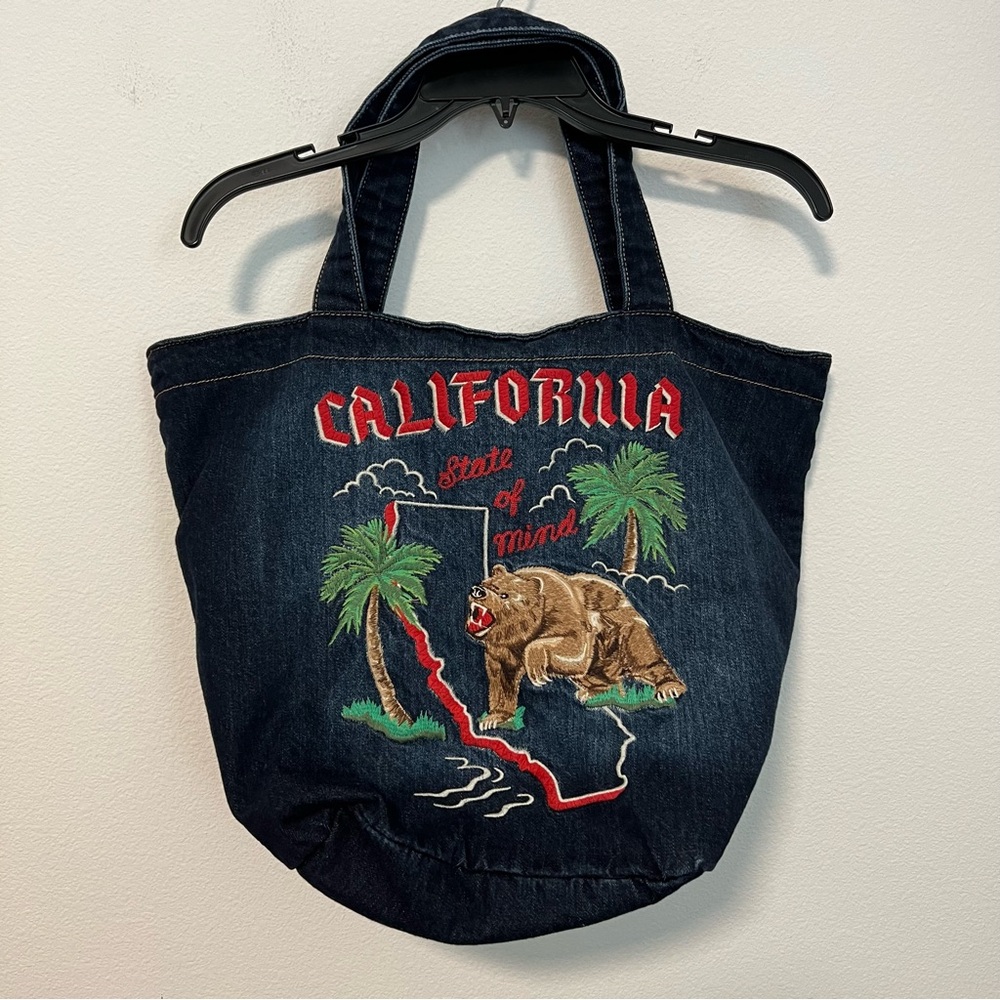 Lucky Brand Blue Navy Denim California Bear Palm Embroidered Tote Bag Purse
